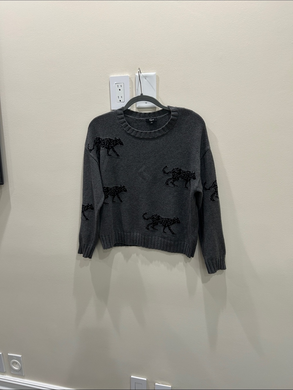 Rails Dark Gray Crewneck Sweater with Black Leopard Motif